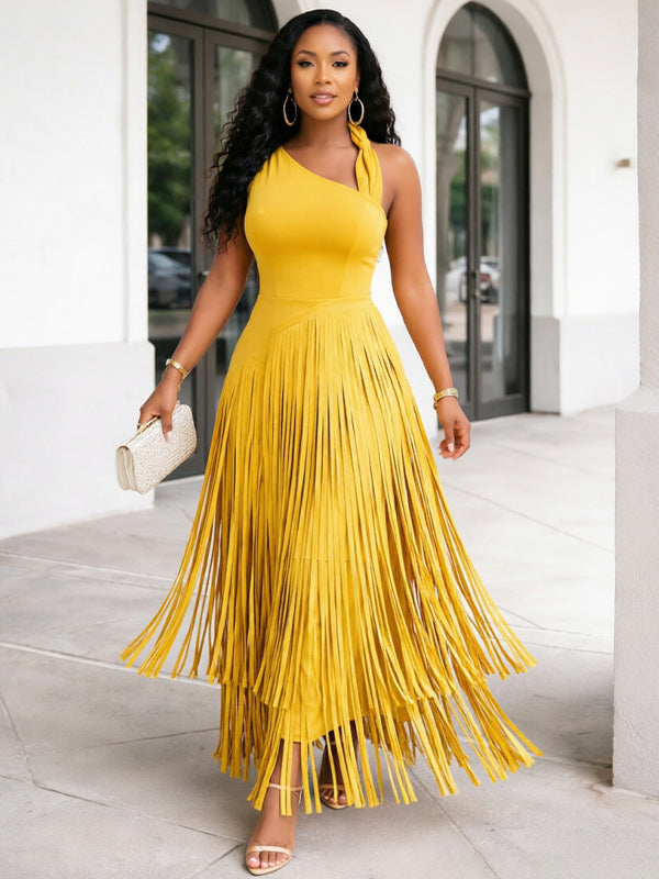 Solid Sleeveless Fringe Dress