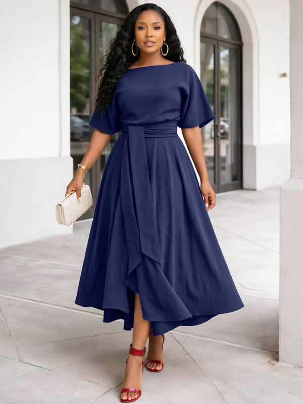 Solid Boat-Neck Tied Dress
