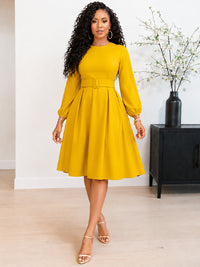 Solid Round-Neck Belted Dress