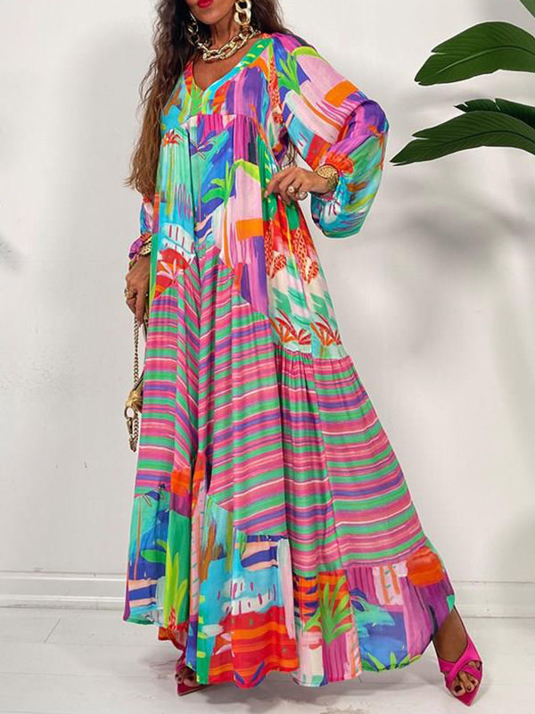 Printed V-Neck Ruffle Dress