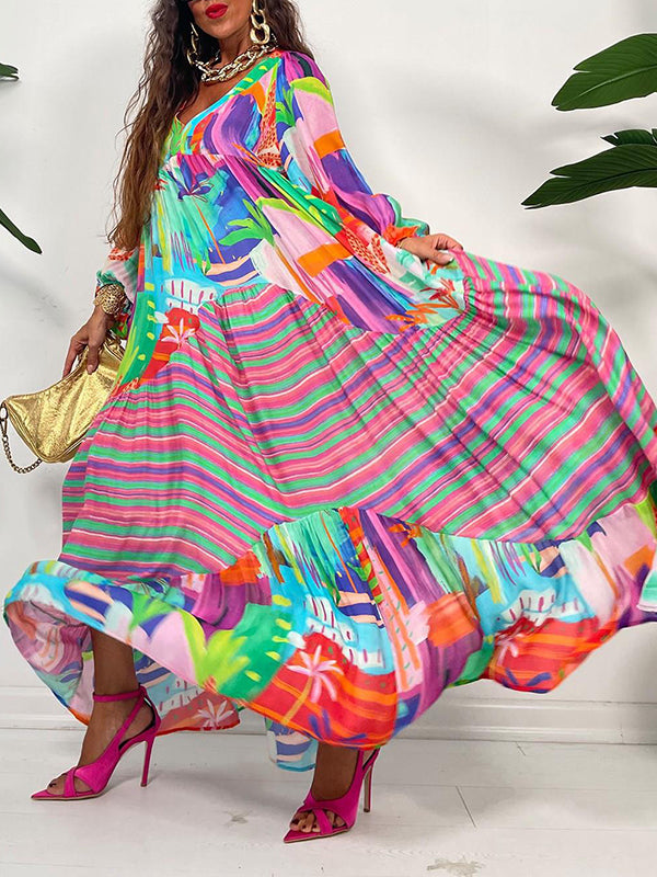 Printed V-Neck Ruffle Dress