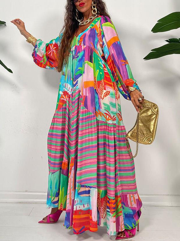 Printed V-Neck Ruffle Dress