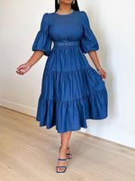 Belted Ruffle Denim Dress