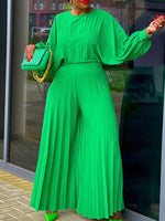 Beautiedoll Pleated Puff-Sleeve Top & Wide-Leg Pants Set