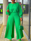 Beautiedoll Pleated Puff-Sleeve Top & Wide-Leg Pants Set