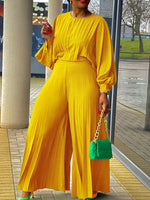 Beautiedoll Pleated Puff-Sleeve Top & Wide-Leg Pants Set