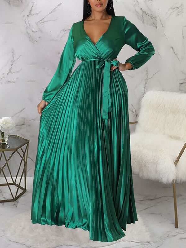 V-Neck Tied Pleated Dress