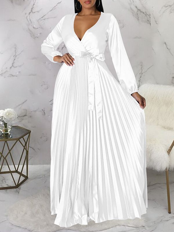 V-Neck Tied Pleated Dress