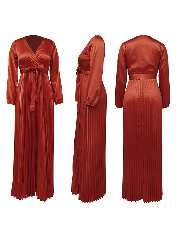V-Neck Tied Pleated Dress