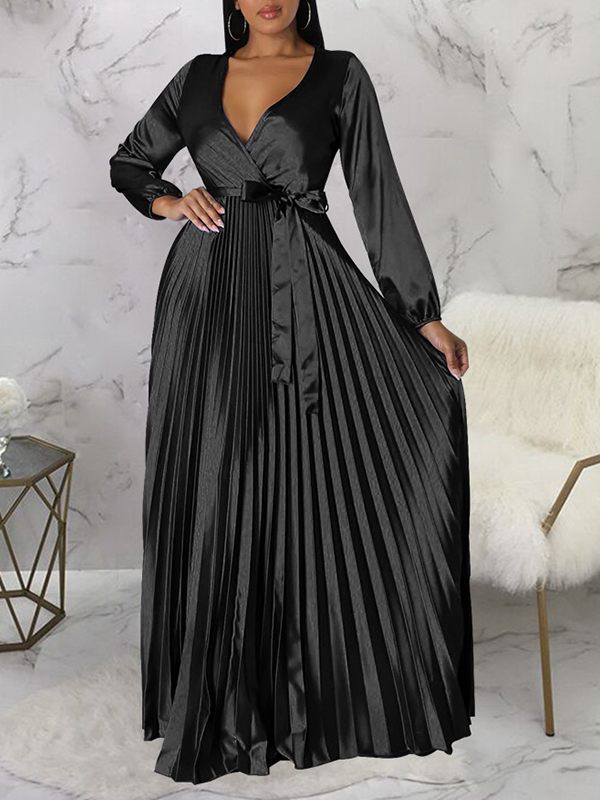 V-Neck Tied Pleated Dress