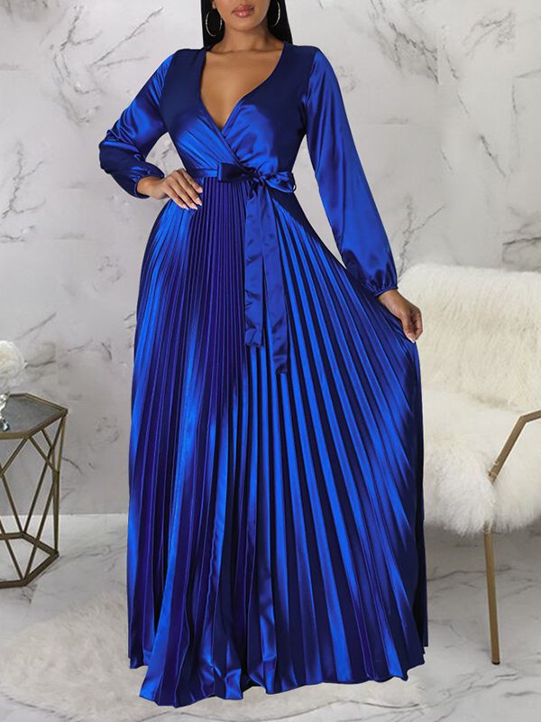 V-Neck Tied Pleated Dress