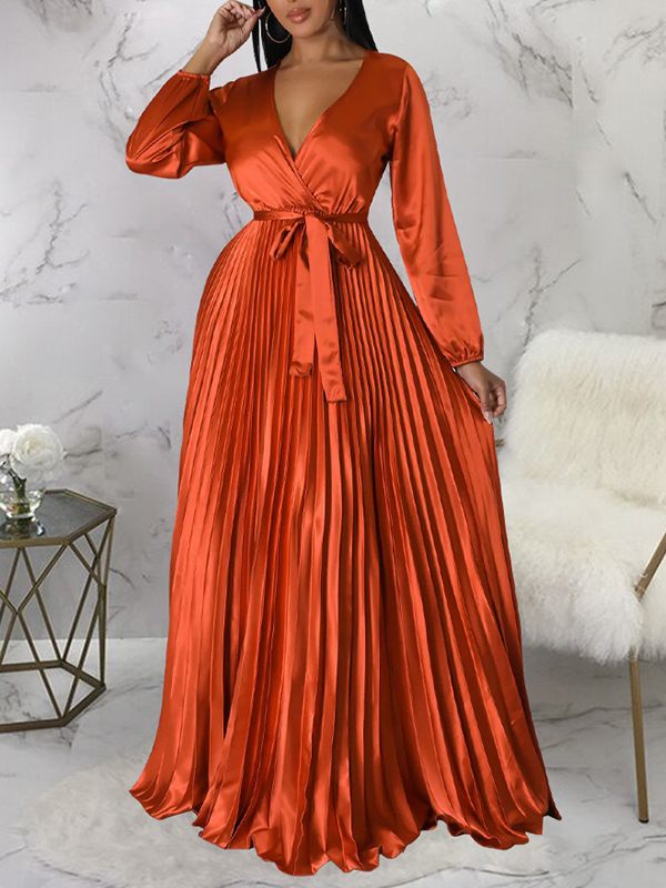 V-Neck Tied Pleated Dress