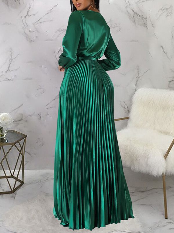 V-Neck Tied Pleated Dress