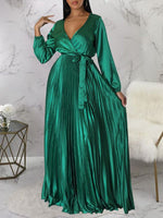 V-Neck Tied Pleated Dress