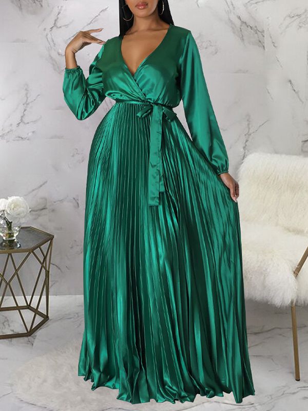 V-Neck Tied Pleated Dress