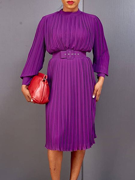 Solid Belted Pleated Dress