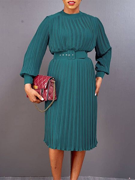 Solid Belted Pleated Dress