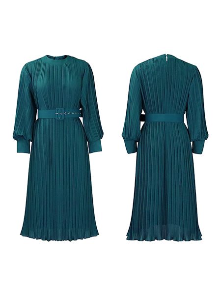 Solid Belted Pleated Dress