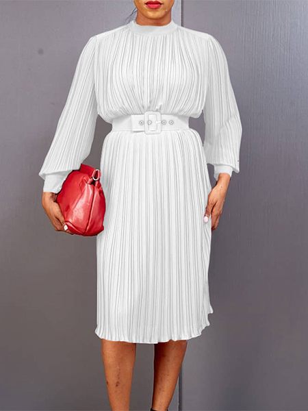 Solid Belted Pleated Dress