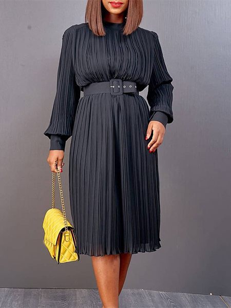 Solid Belted Pleated Dress