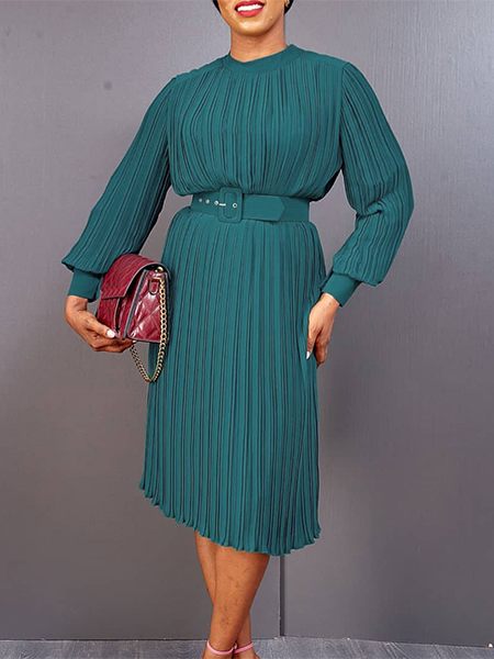 Solid Belted Pleated Dress