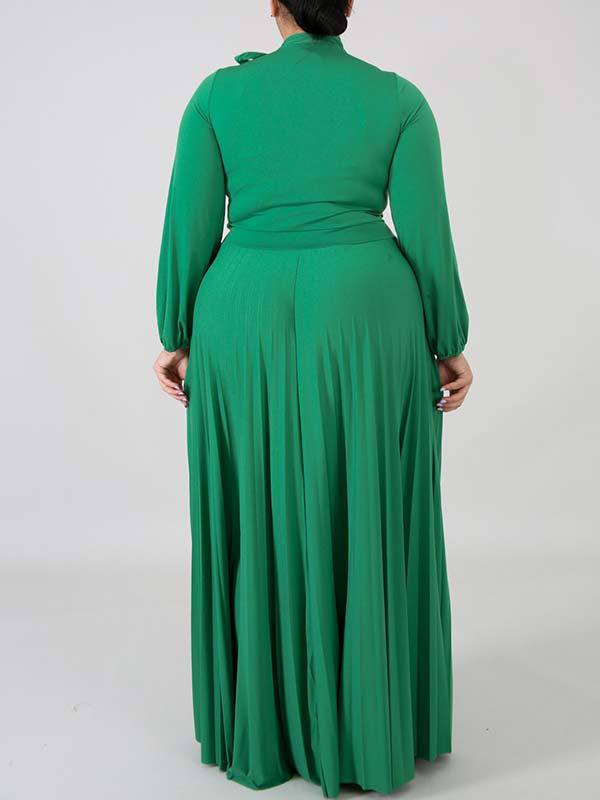Solid Tied-Neck Pleated Dress