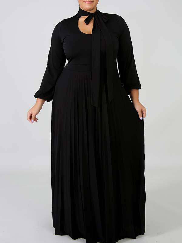 Solid Tied-Neck Pleated Dress