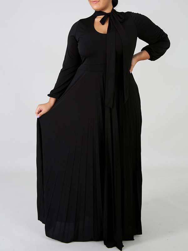 Solid Tied-Neck Pleated Dress
