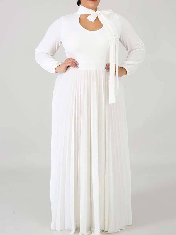 Solid Tied-Neck Pleated Dress
