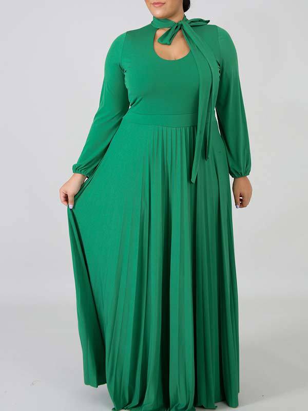 Solid Tied-Neck Pleated Dress