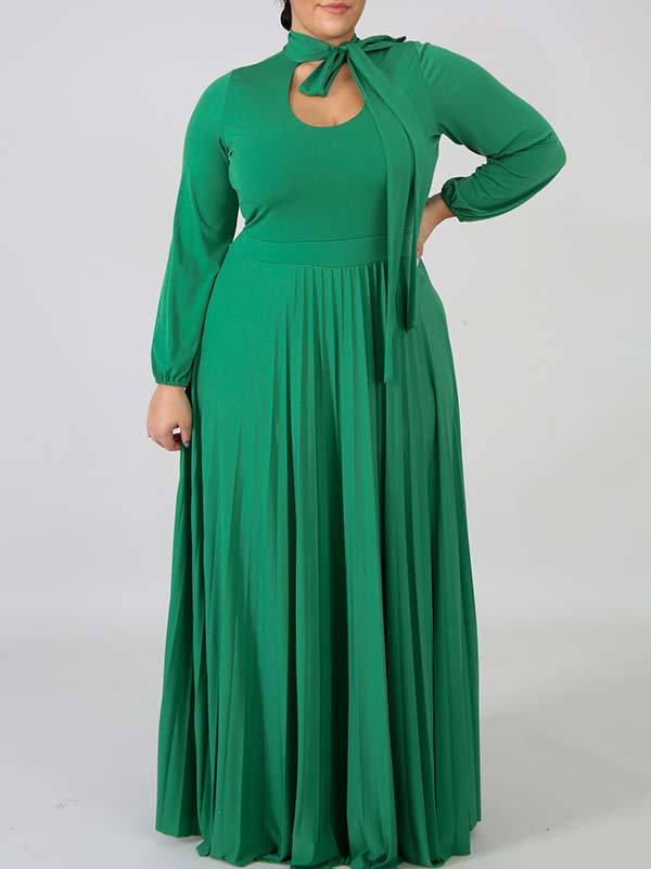 Solid Tied-Neck Pleated Dress