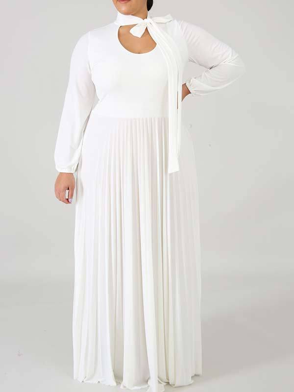 Solid Tied-Neck Pleated Dress