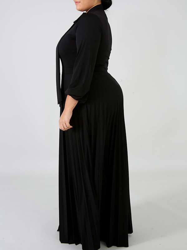 Solid Tied-Neck Pleated Dress