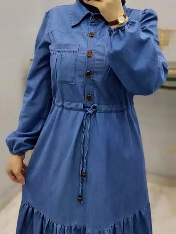 Drawstring Denim Shirt Dress