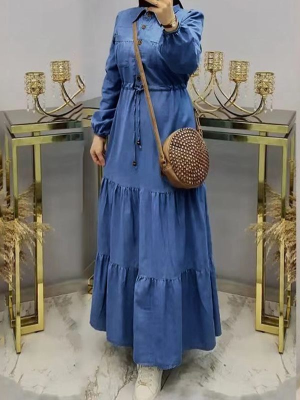 Drawstring Denim Shirt Dress