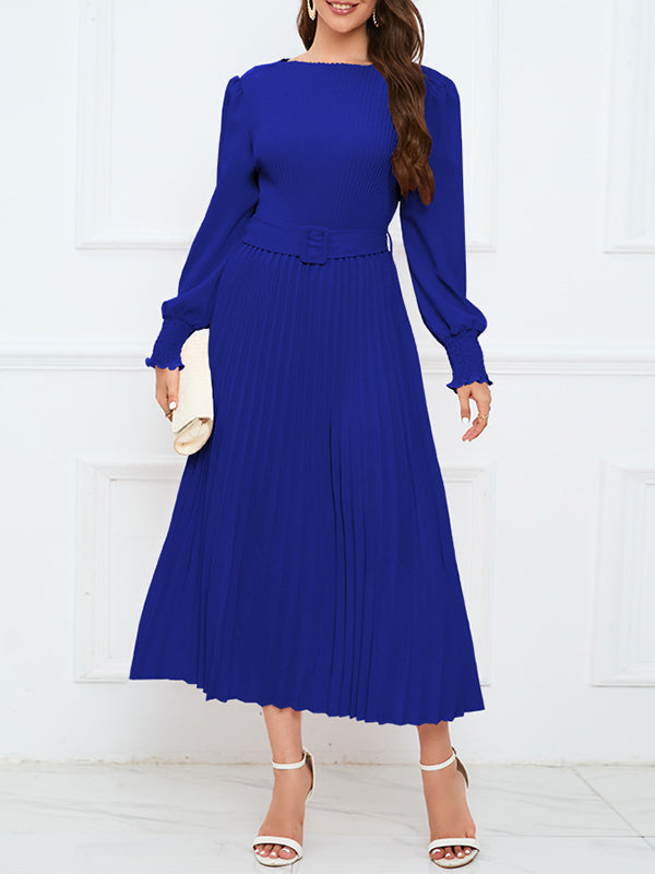 Solid Belted Pleated Dress