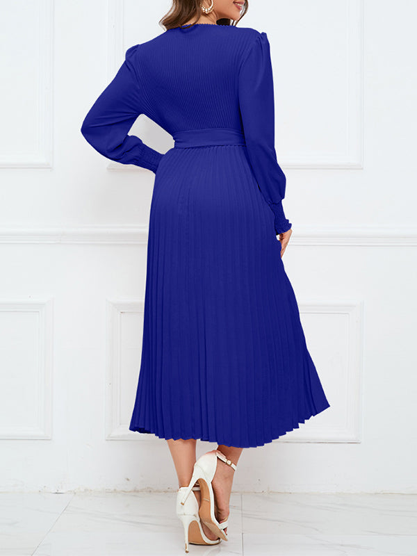 Solid Belted Pleated Dress
