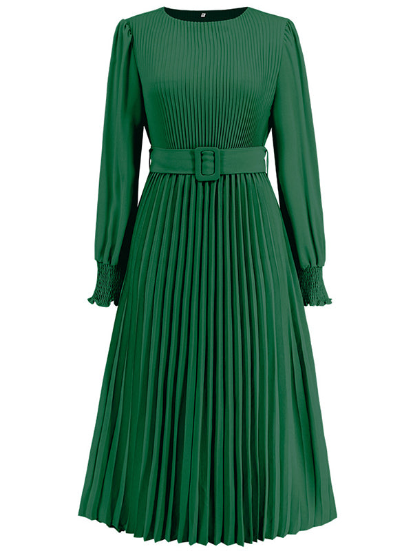 Solid Belted Pleated Dress