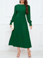 Solid Belted Pleated Dress