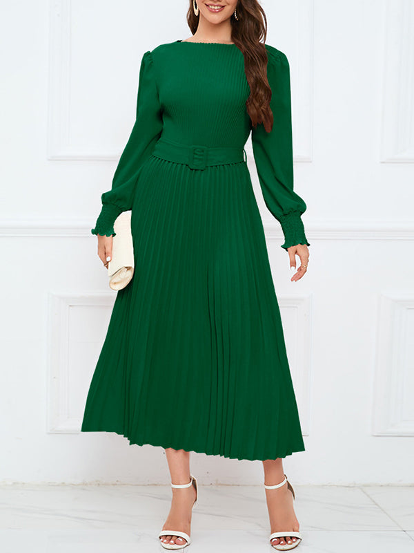 Solid Belted Pleated Dress
