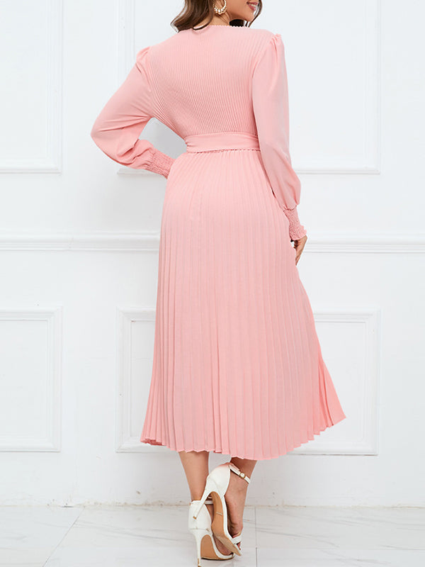 Solid Belted Pleated Dress