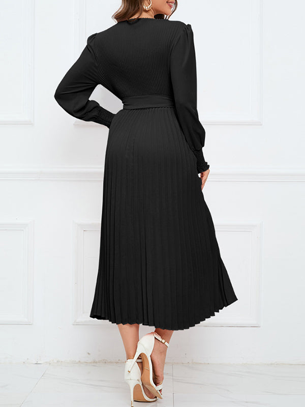 Solid Belted Pleated Dress