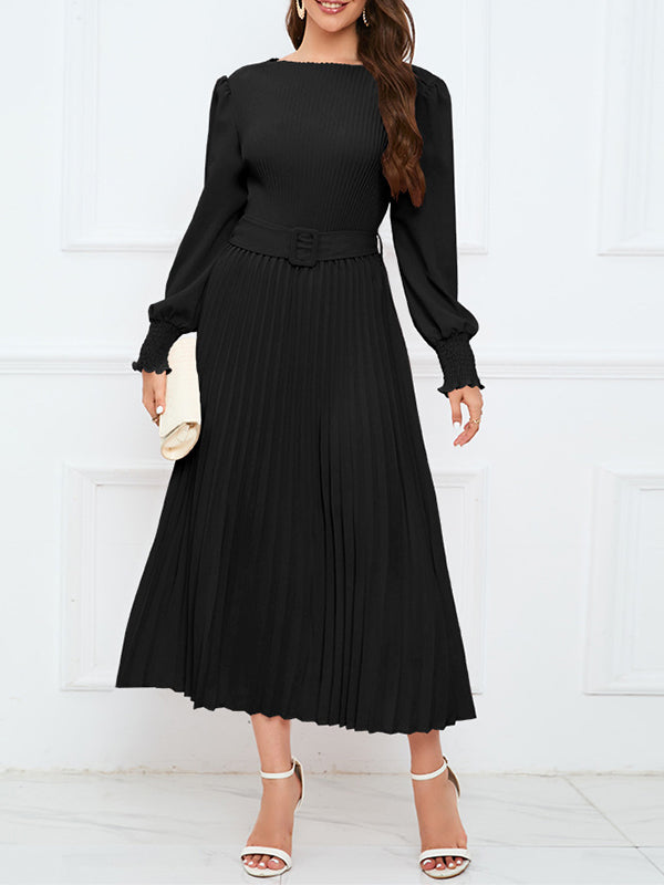 Solid Belted Pleated Dress