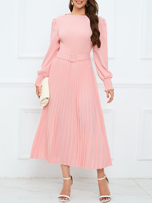 Solid Belted Pleated Dress