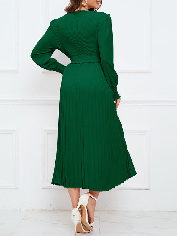 Solid Belted Pleated Dress