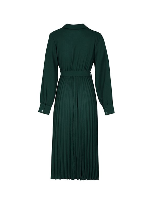 Solid Belted Pleated Dress
