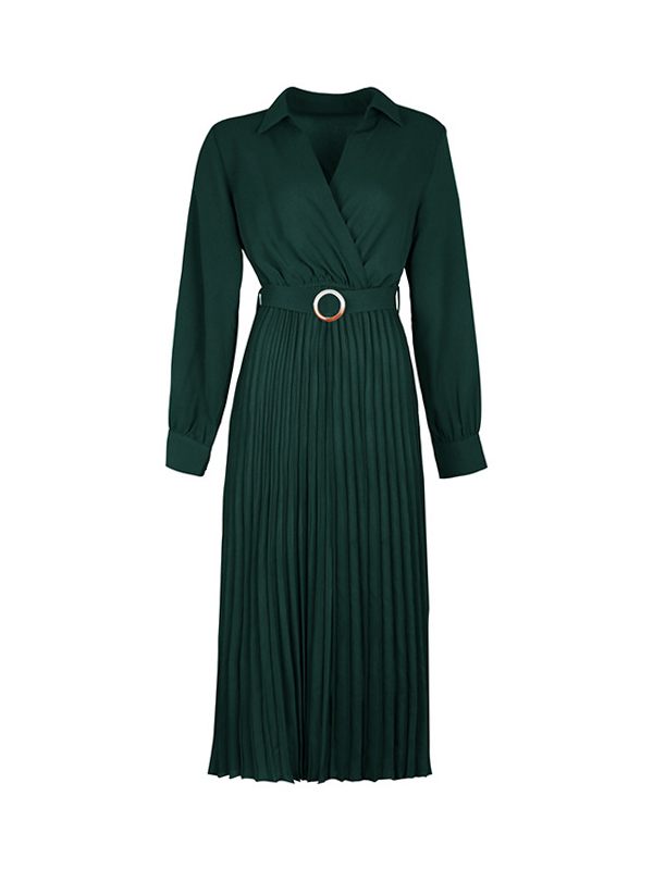 Solid Belted Pleated Dress