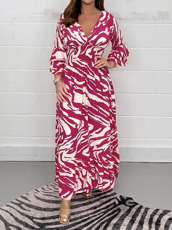 Printed V-Neck Ruffle Dress