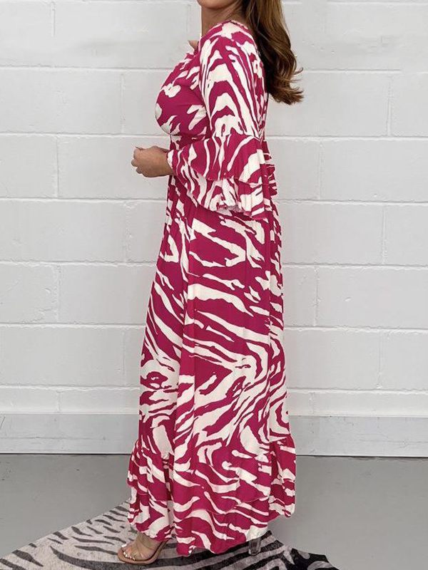 Printed V-Neck Ruffle Dress