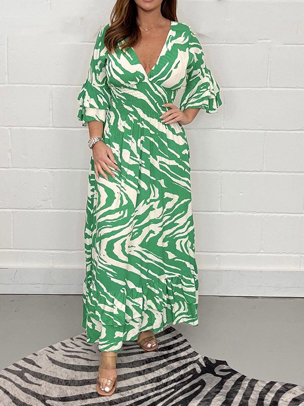 Printed V-Neck Ruffle Dress